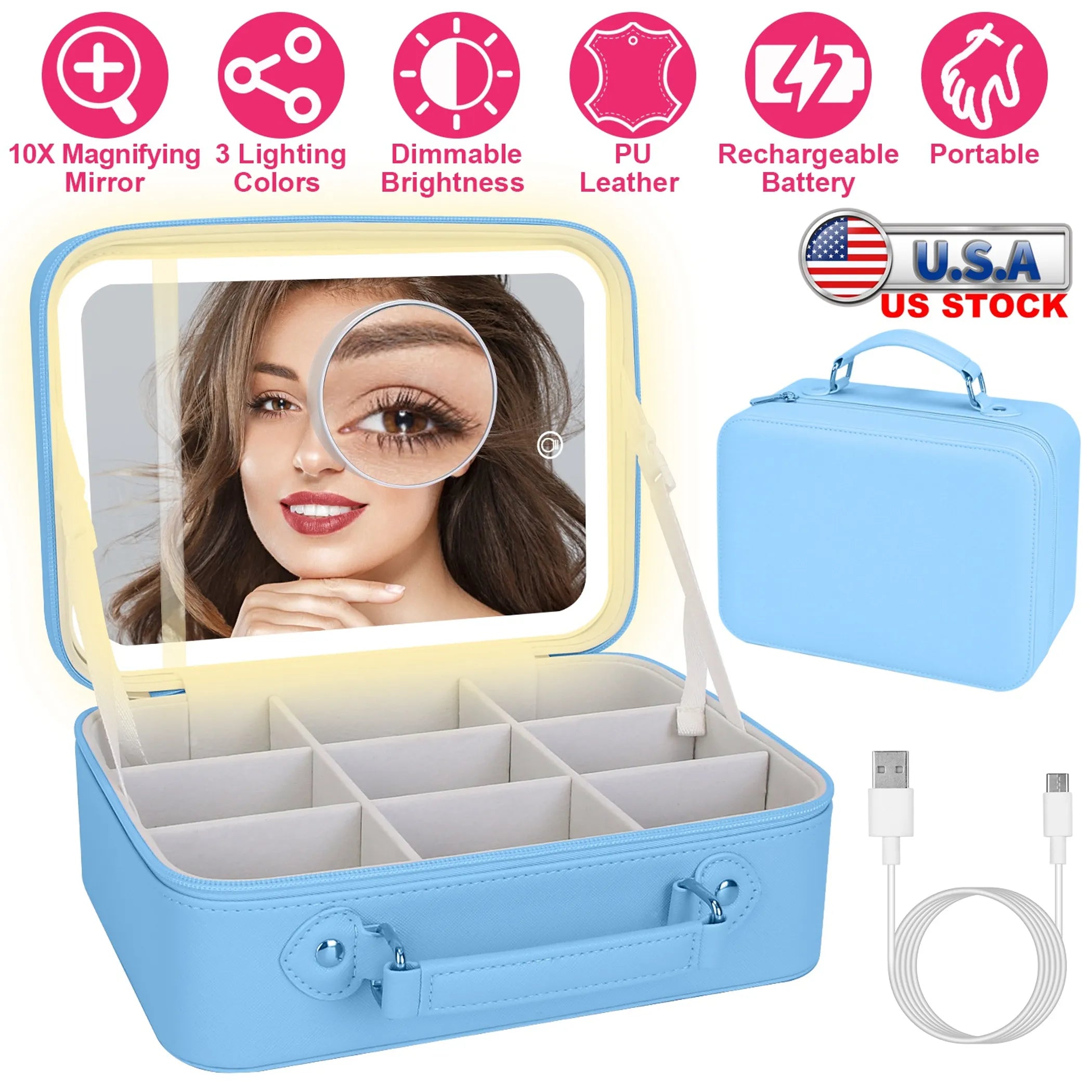Travel Makeup Bag With 3 Light